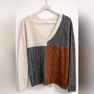 Colorblock Cable-Knit V-Neck Sweater in Cream, Gray & Rust Brown